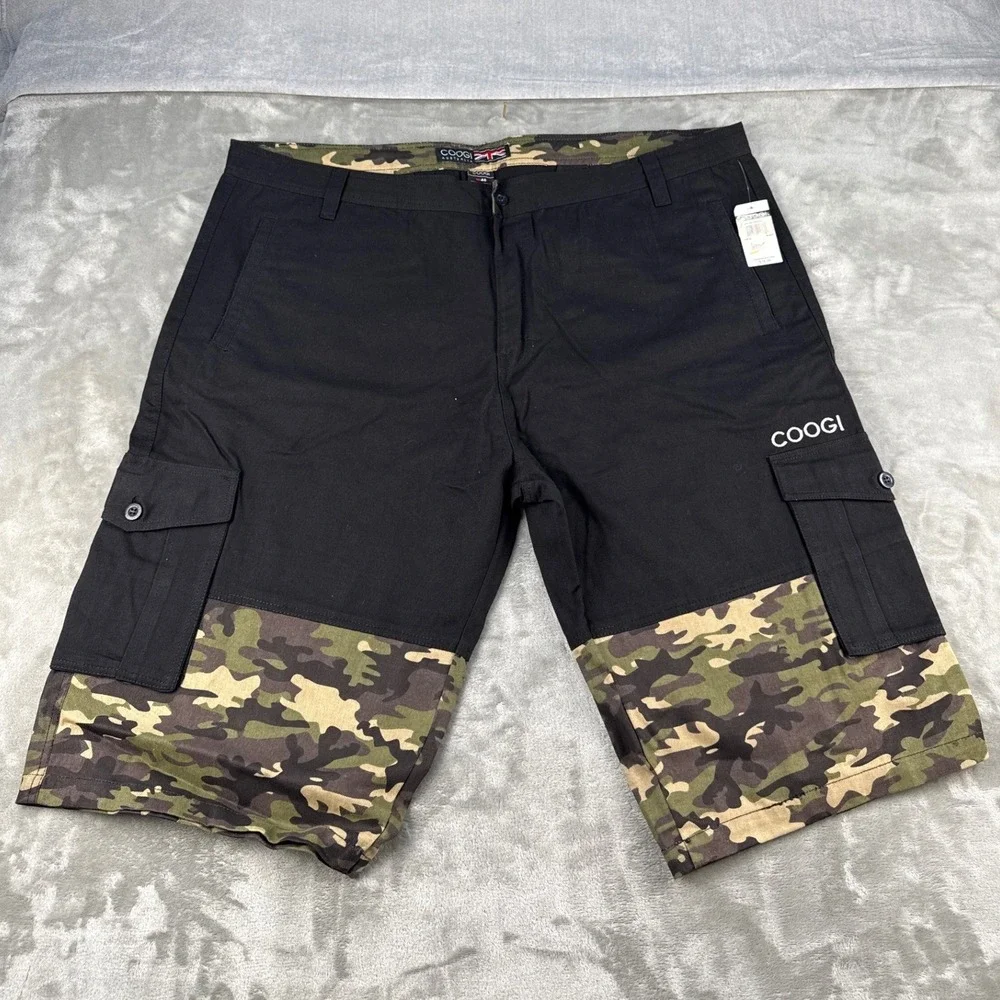 Coogi Australia Mens 46 Black Camo Cargo Shorts Cotton Colorblock Streetwear NEW